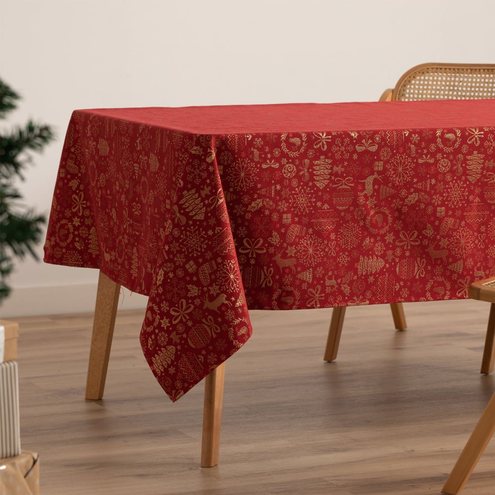 Jacquard Weihnachtstischdecke aus Baumwolle, Rot 140x300 cm -