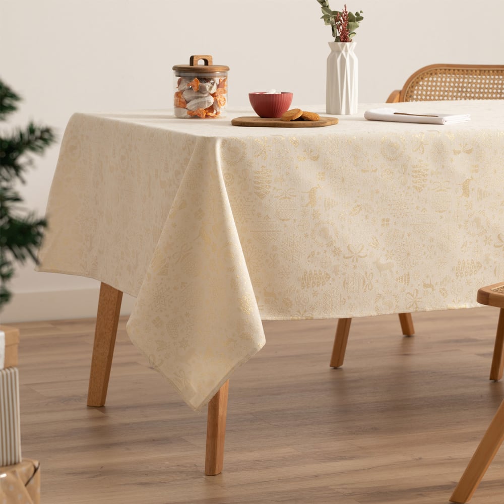 Gamusi Jacquard Weihnachtstischdecke aus Baumwolle, Ecru 140x300 cm style classic chic Beige Baumwolle