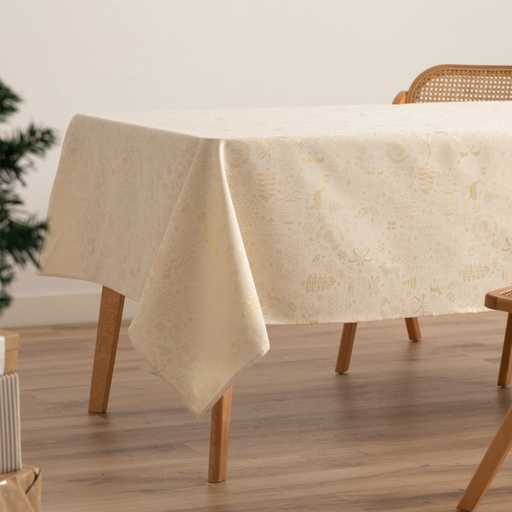 Jacquard Weihnachtstischdecke aus Baumwolle, Ecru 140x300 cm -