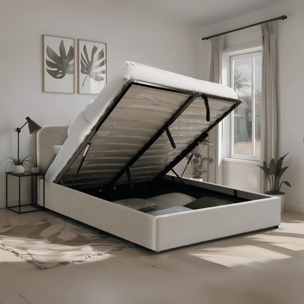 Lit coffre 140x190 cm avec tête de lit recouvert de velours beige - Maisons du Monde