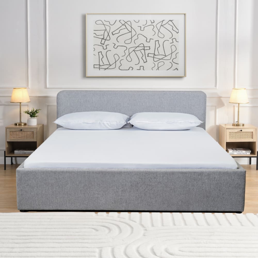 Lit coffre 140x190 cm avec tête de lit recouvert de tissu gris