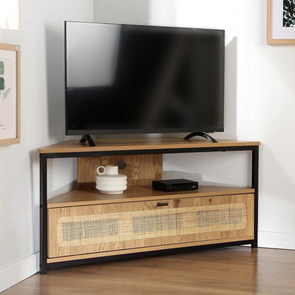 Meuble TV d'angle 1 porte avec cannage rotin L100cm