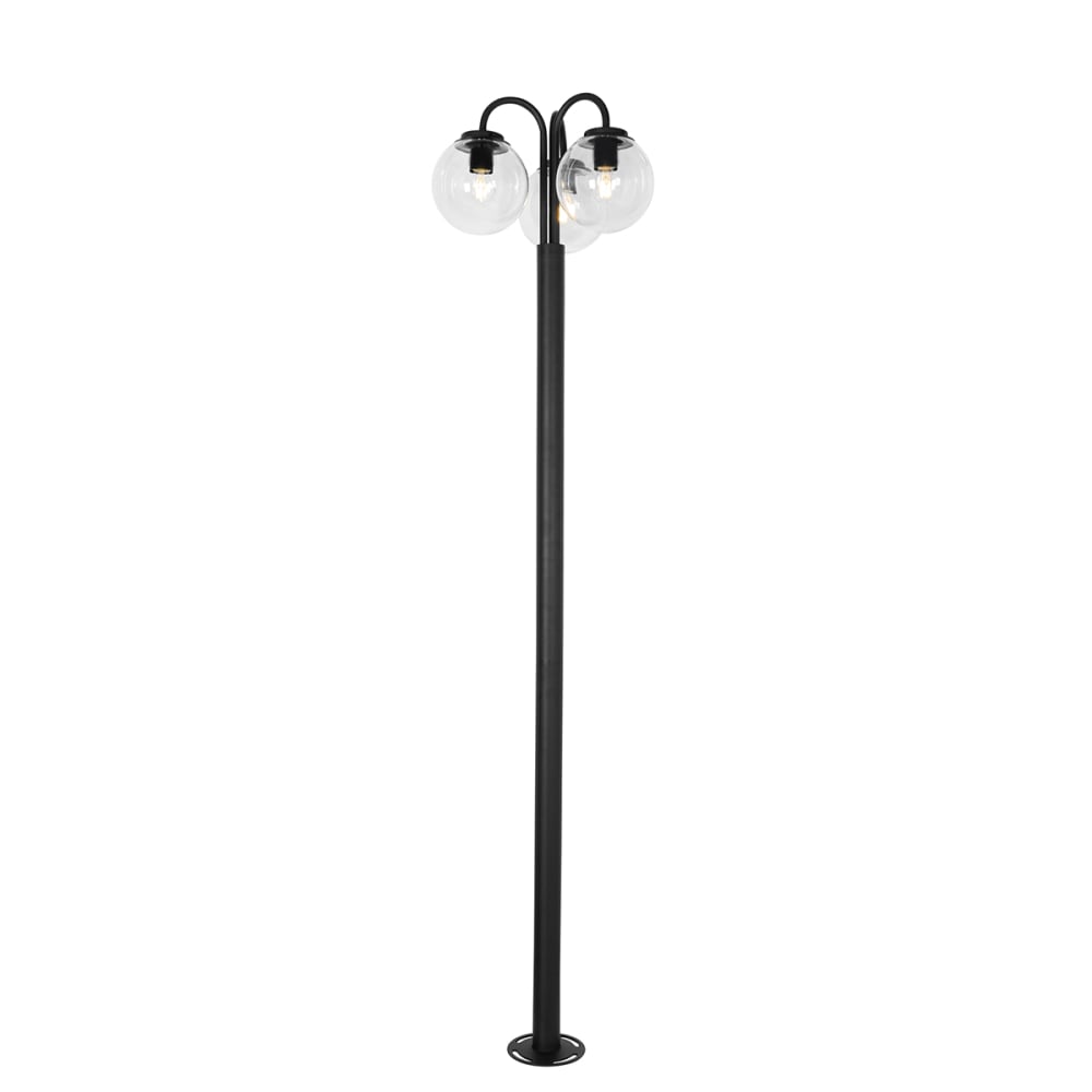 Lampadaire noire avec 3 lumières verre clair 200 cm IP44