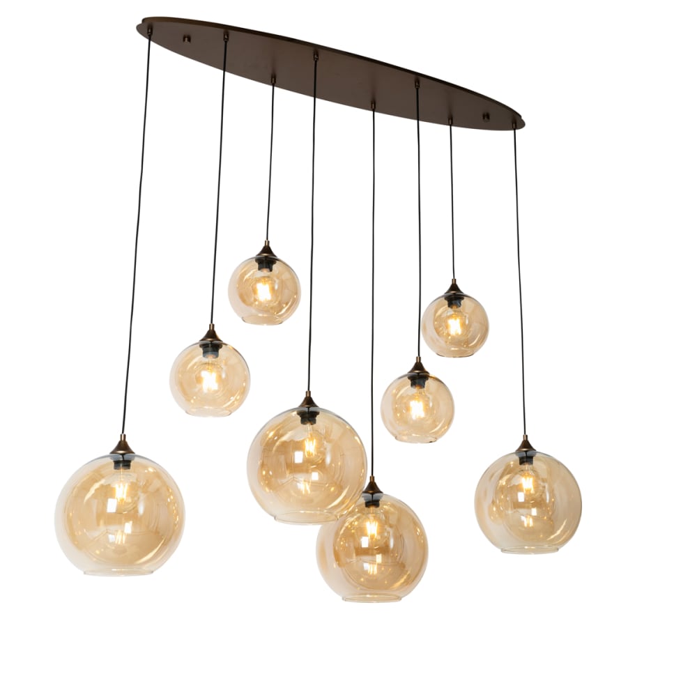 Lampe suspendue Art Déco bronze foncé verre ambré 8 lumières