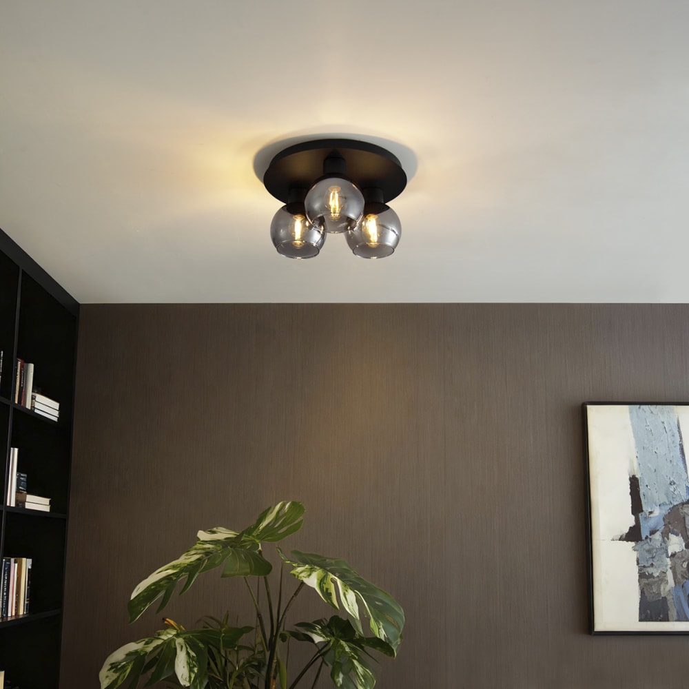 Plafonnier art déco noir avec 3 lumières verre fumé — vue 3