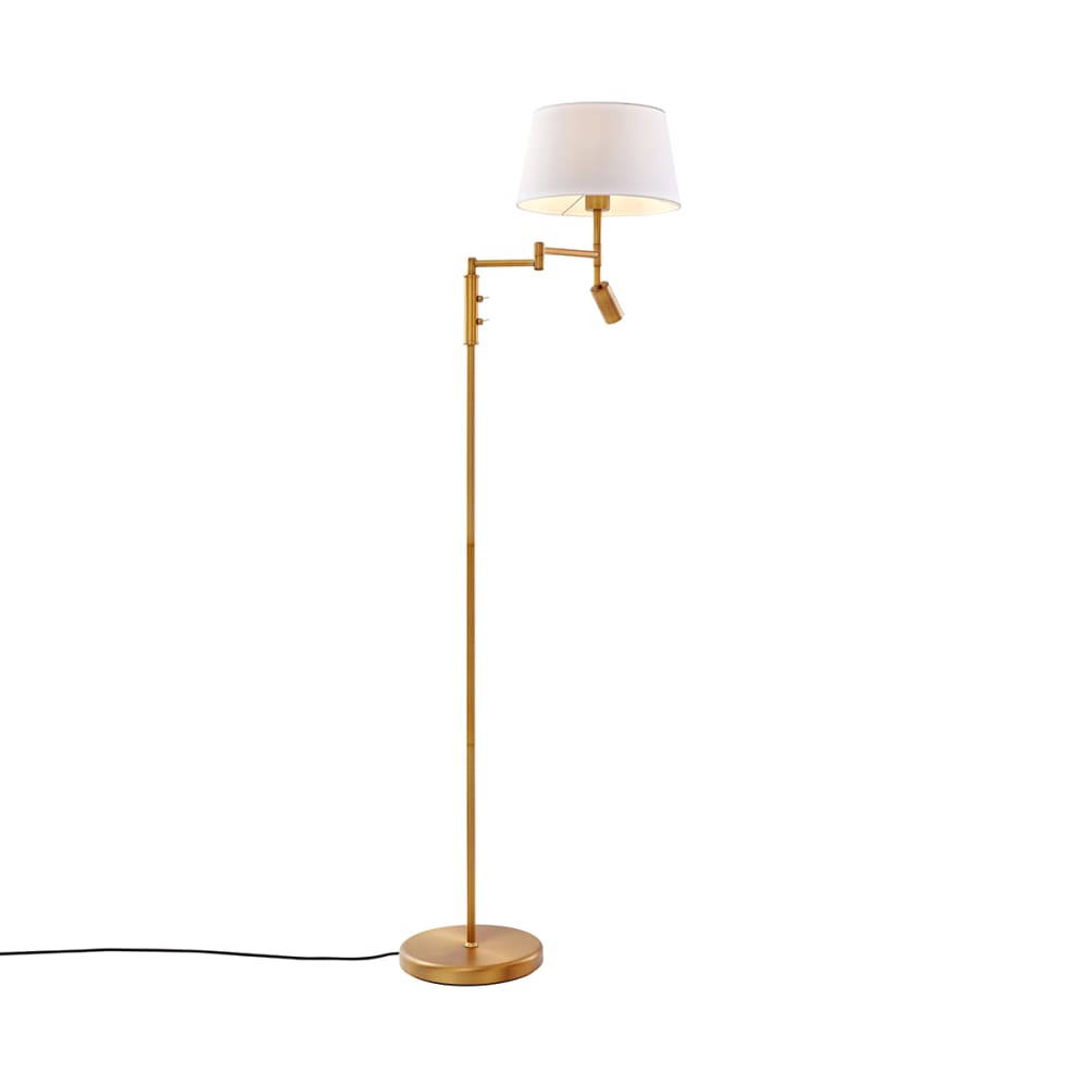 QAZQA Stehleuchte bronze mit weißem Schirm, verstellbare Leselampe style vintage Gold Metall