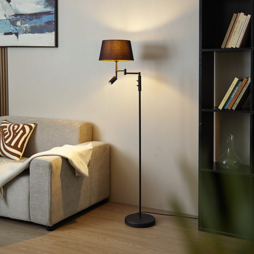 QAZQA Stehlampe schwarz mit schwarzem Schirm, verstellbare Leselampe style vintage - Metall
