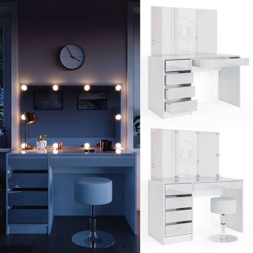 Coiffeuse avec miroir, guirlande led et tabouret blanc 120x145cm - Maisons du Monde