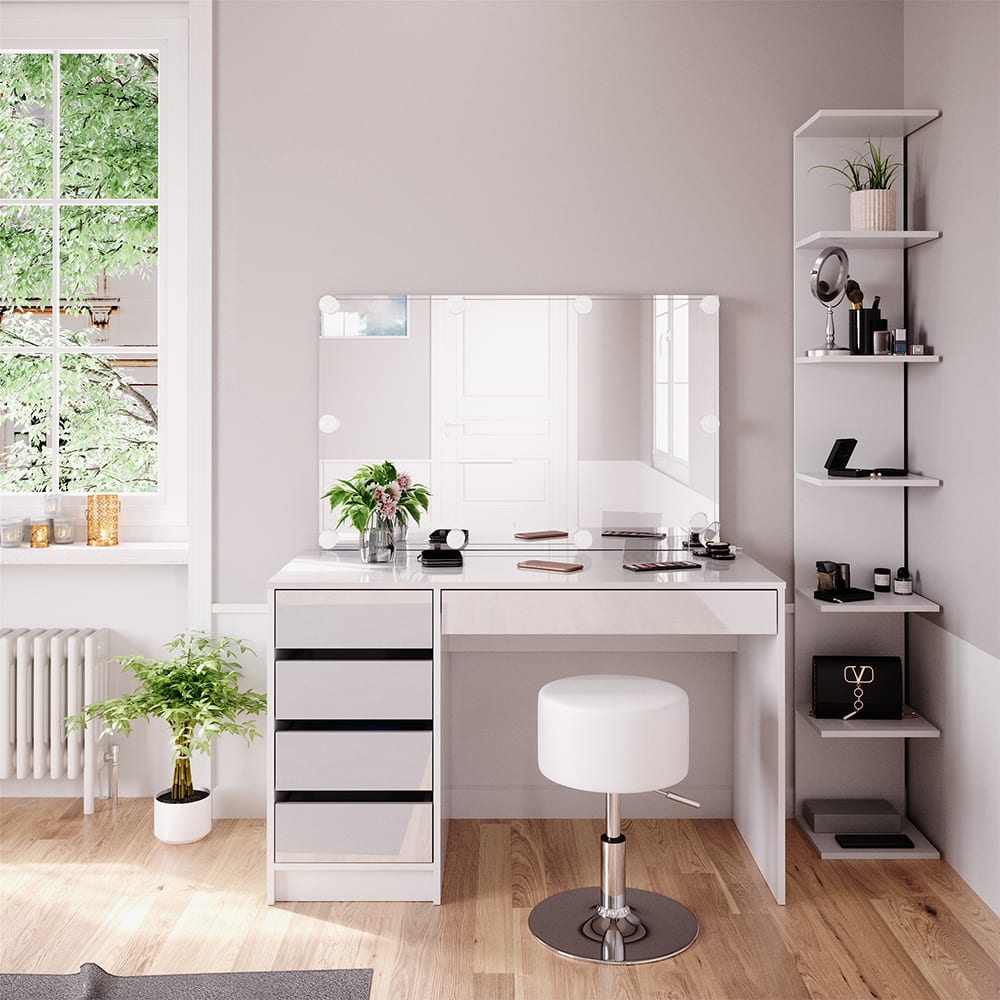 Coiffeuse 4 pièces avec étagère, miroir, tabouret, Blanc 120x75cm