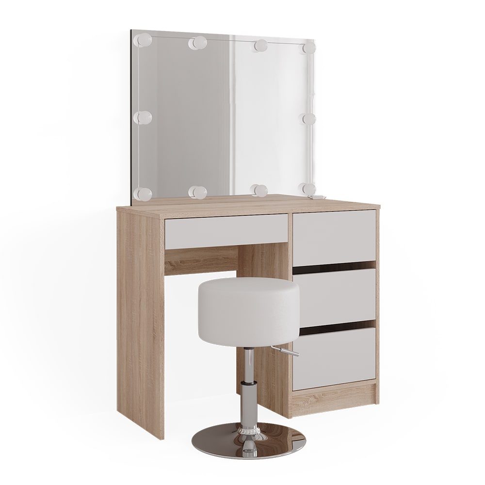 Coiffeuse avec miroir, guirlande led et tabouret sonoma 90x140cm