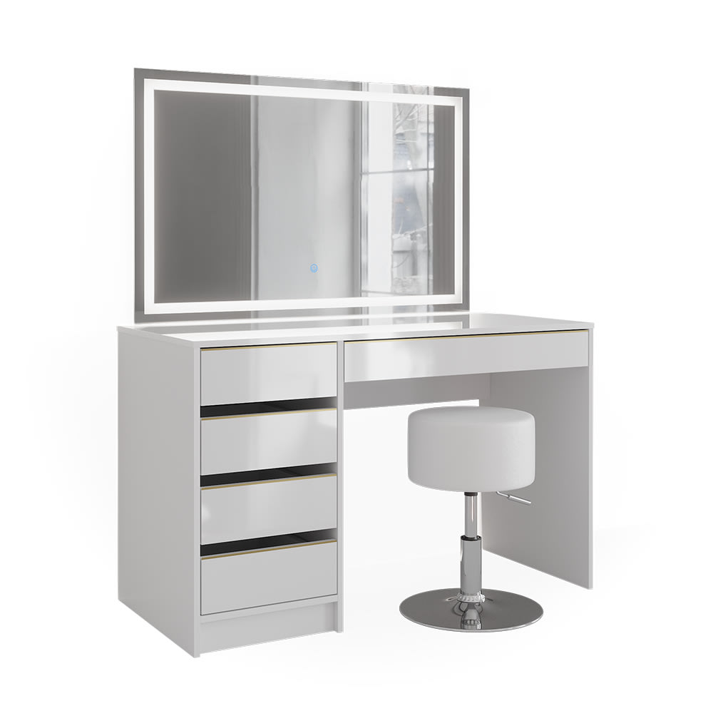 Coiffeuse avec miroir led et tabouret blanc/or 120x145cm