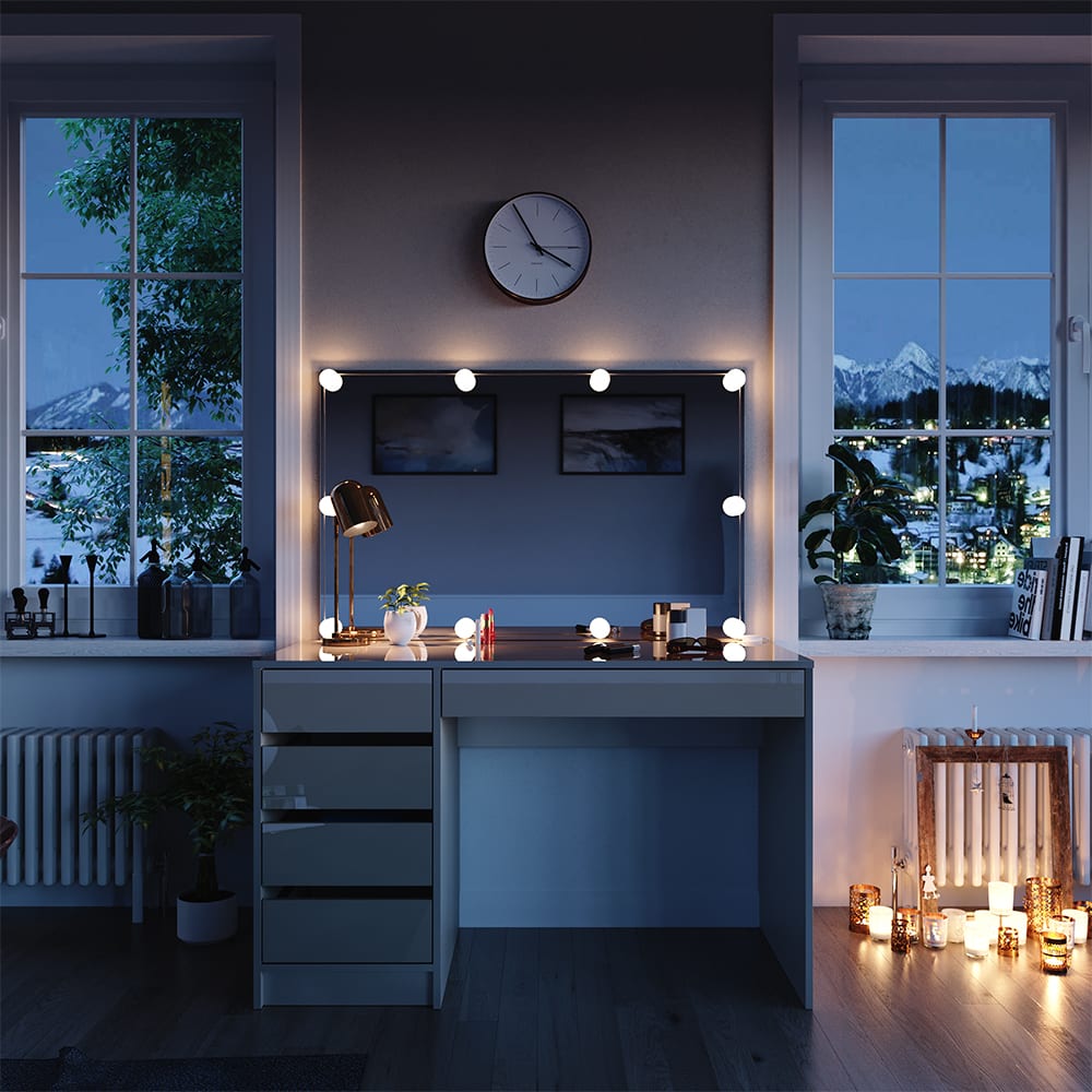Coiffeuse avec miroir et guirlande led grège 120x145cm - Maisons du Monde