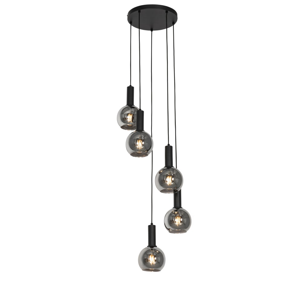 QAZQA Hängelampe aus Schwarzstahl, rund, 5-flammig, mit Rauchglas style vintage Schwarz