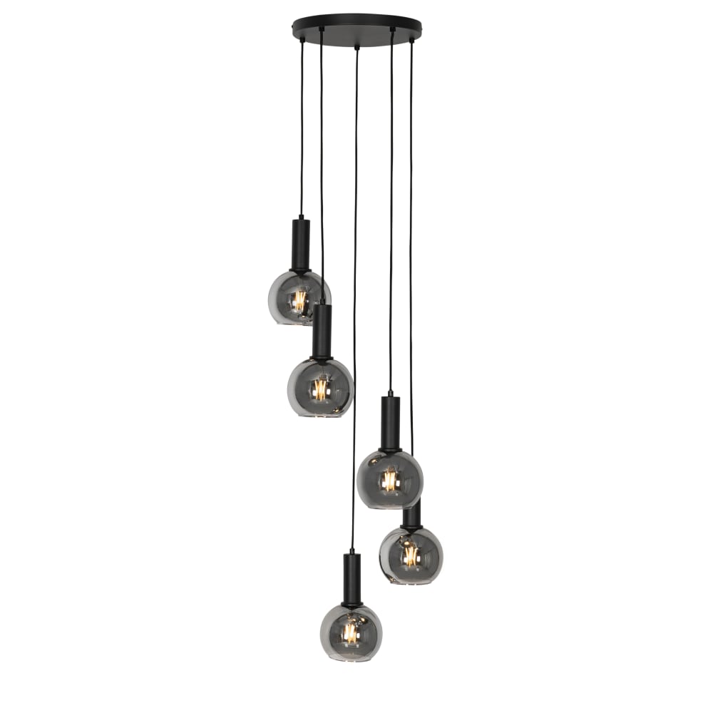 Lampe suspendue Art Déco noire verre fumé ronde 5 lumières