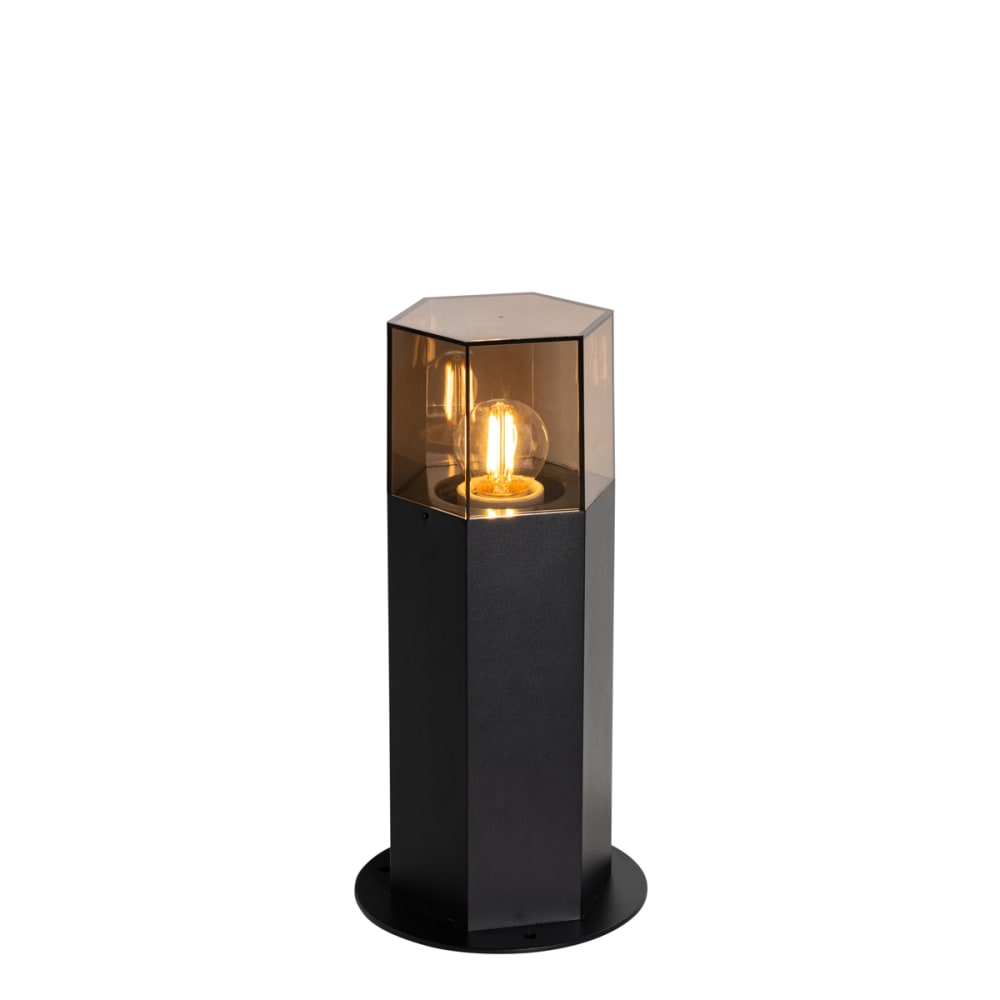 Lampadaire extérieur noir abat-jour fumé hexagonal 30 cm
