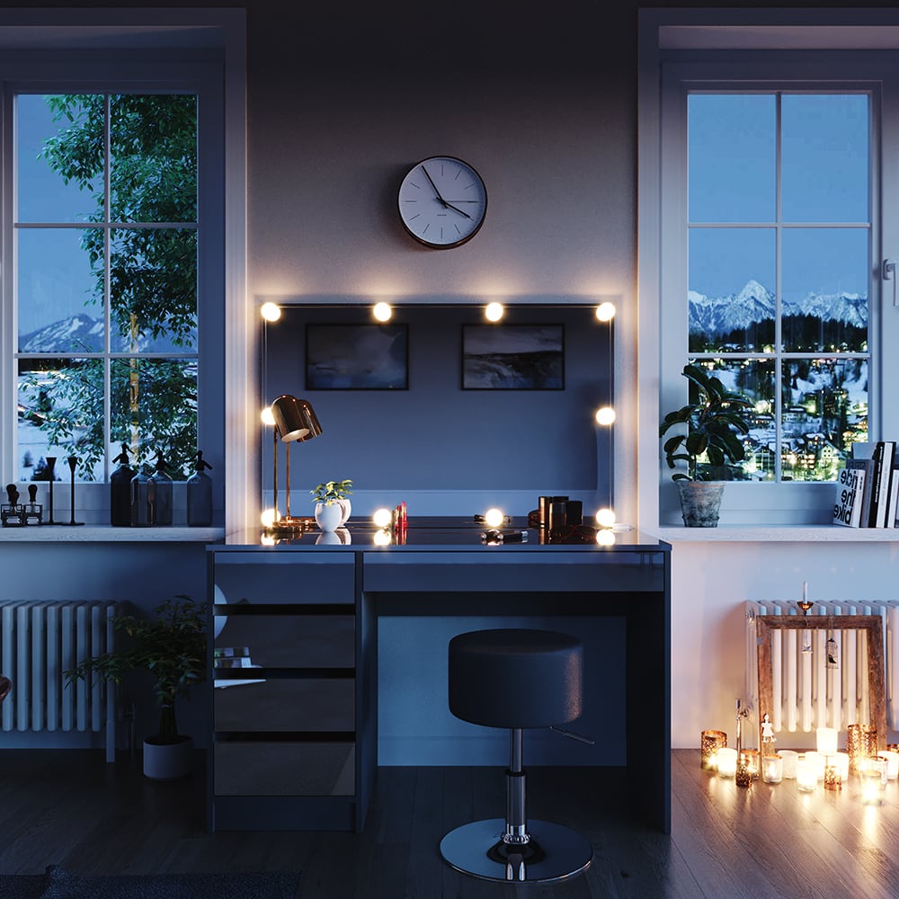Coiffeuse avec miroir, guirlande led et tabouret anthracite 120x145cm - Maisons du Monde