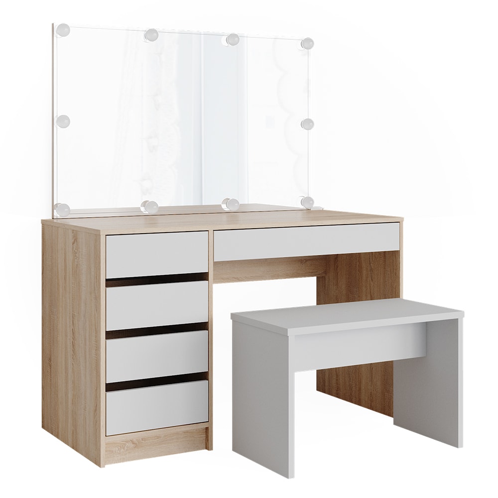 Vicco Schminktisch mit LED Beleuchtung und Bank Weiß/Sonoma 120x75cm style modern Weiß Spanplatte