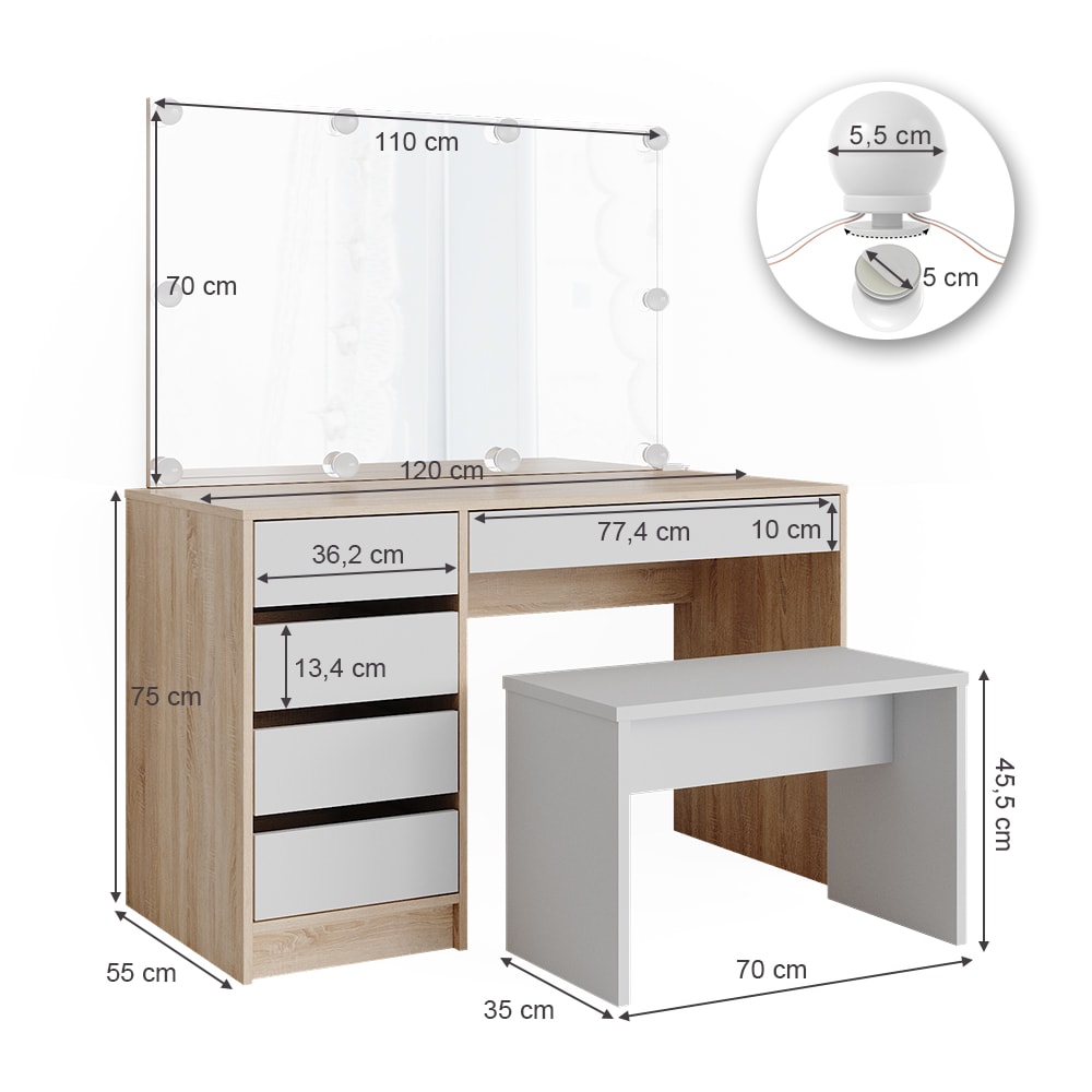Coiffeuse avec éclairage led et banc blanc/sonoma 120x75cm - Maisons du Monde