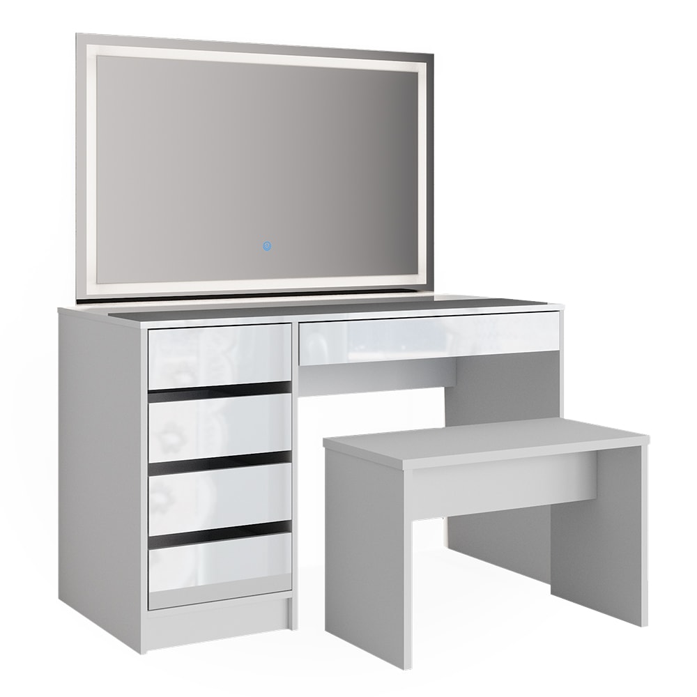 Vicco Schminktisch mit LED-Spiegel und Bank Weiß 120x145cm style modern Weiß Spanplatte