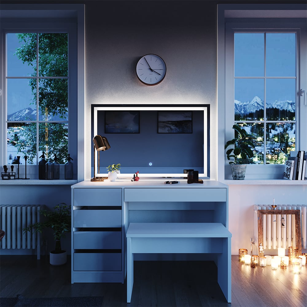 Coiffeuse avec miroir led et banc blanc 120x145cm - Maisons du Monde