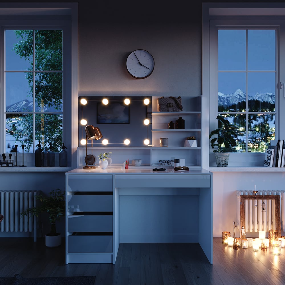 Coiffeuse avec étagère avec miroir et guirlande led blanc 120x145cm - Maisons du Monde