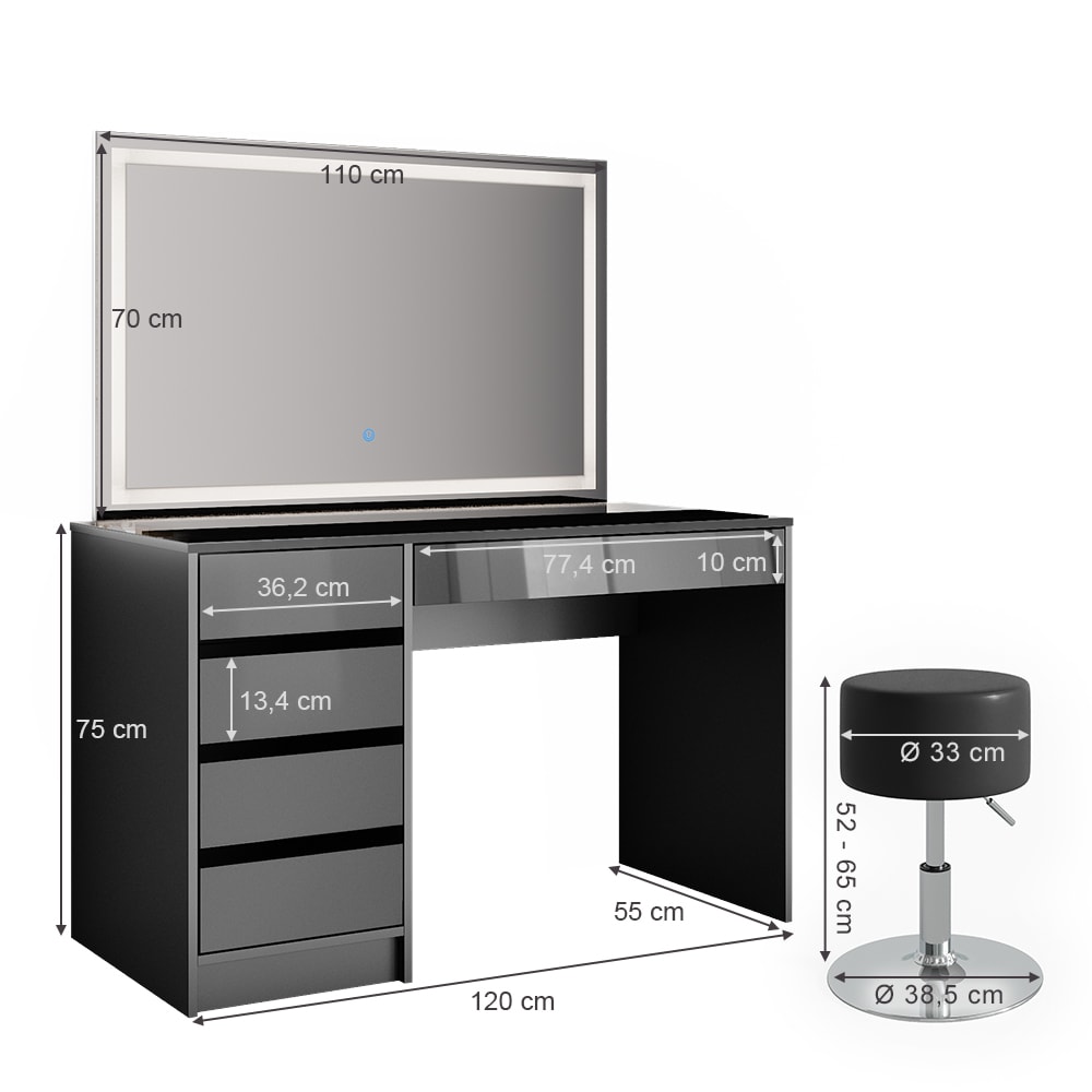 Coiffeuse avec miroir led et tabouret anthracite 120x145cm - Maisons du Monde
