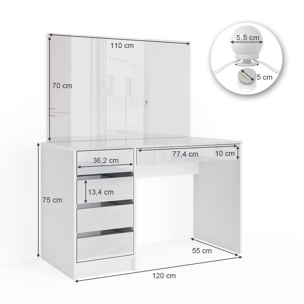 Schminktisch mit Spiegel und LED-Lichterkette Weiß 120x145cm -