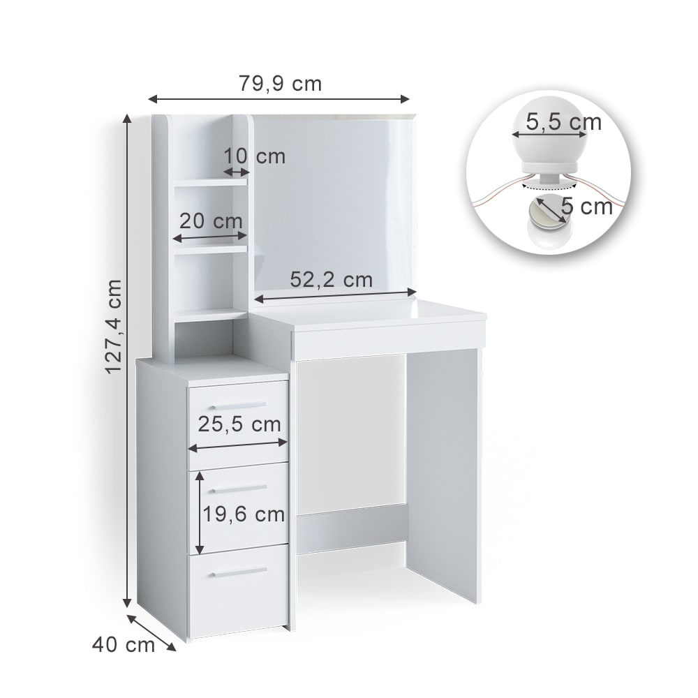 Schminktisch mit Spiegel und LED-Lichterkette Weiß 80x127.4cm -
