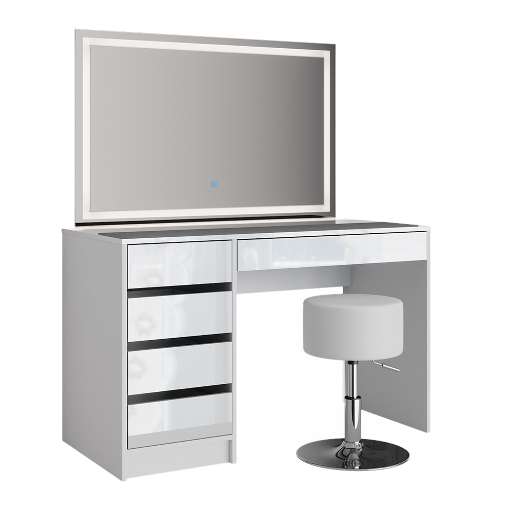 Coiffeuse, blanche 120 x 75cm avec miroir LED et tabouret