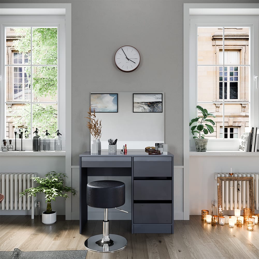 Coiffeuse avec miroir et tabouret anthracite haute brillance 90x140cm - Maisons du Monde