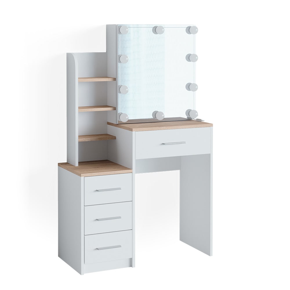 Vicco Schminktisch mit Spiegel und LED-Lichterkette Weiß/Sonoma 80x131.6cm style modern Weiß Spanplatte