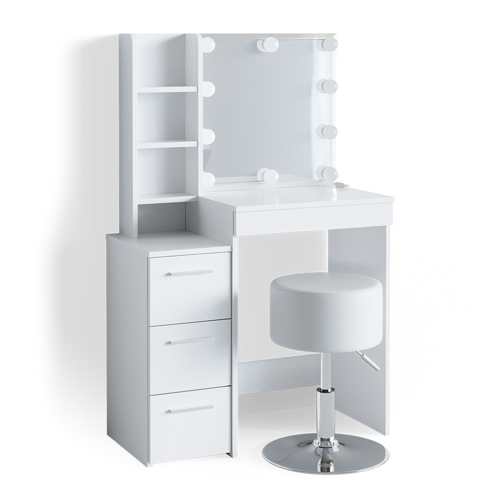 Coiffeuse avec miroir, guirlande led et tabouret blanc 80x127.4cm