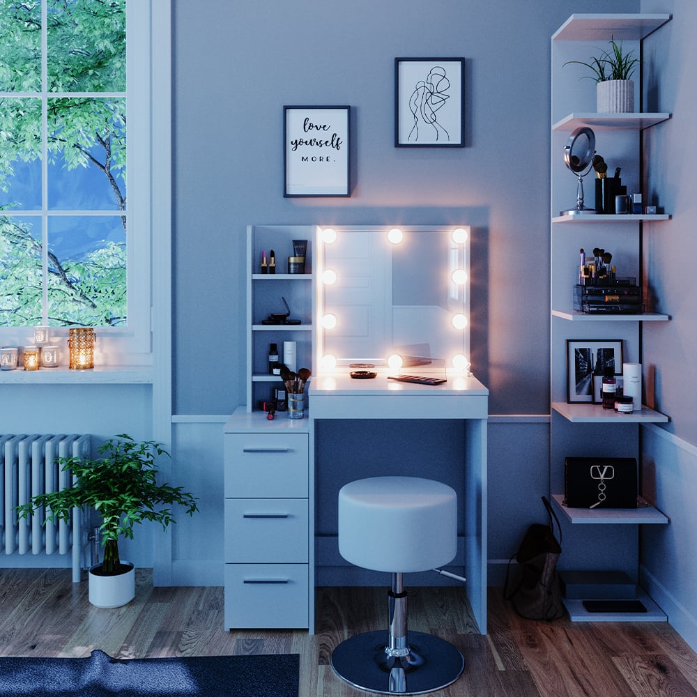 Coiffeuse avec miroir, guirlande led et tabouret blanc 80x127.4cm - Maisons du Monde