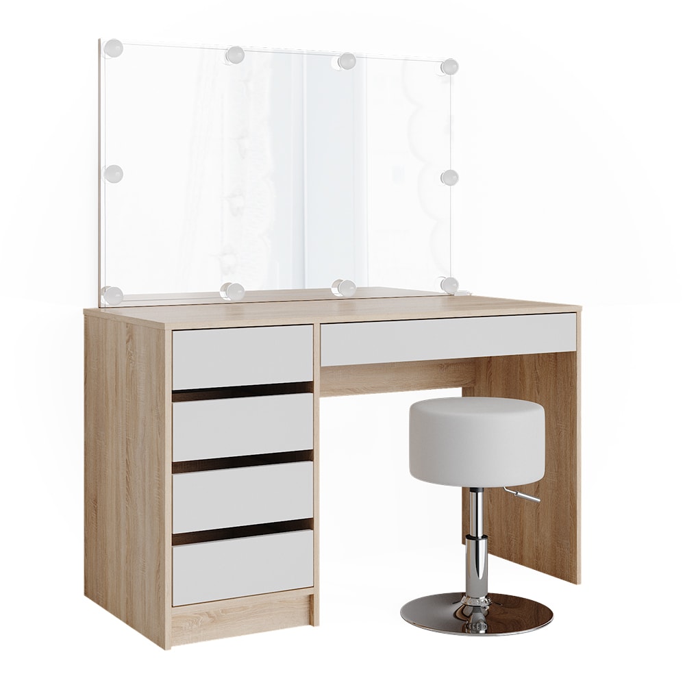 Vicco Schminktisch mit LED Beleuchtung und Hocker, Weiß/Sonoma 120 x 75cm style modern Weiß Spanplatte