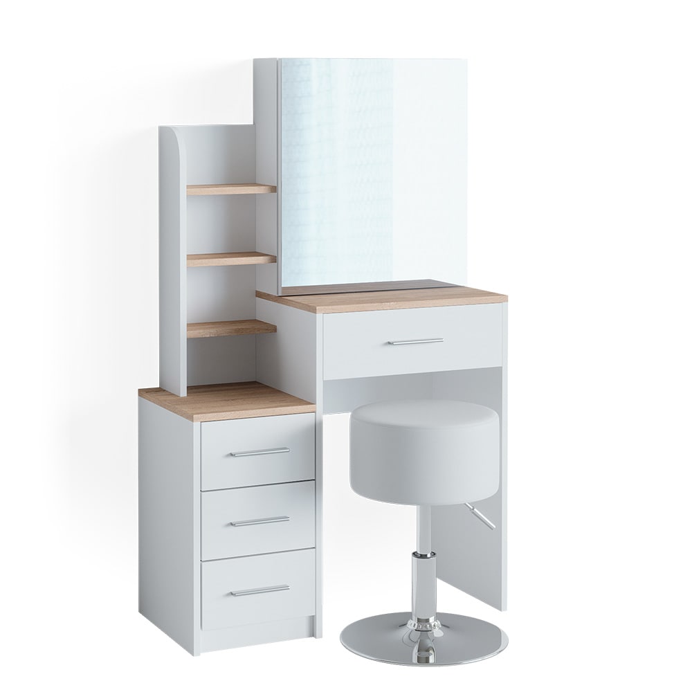 Vicco Schminktisch mit Spiegel und Hocker Weiß/Sonoma 80x131.6cm style modern Weiß Spanplatte
