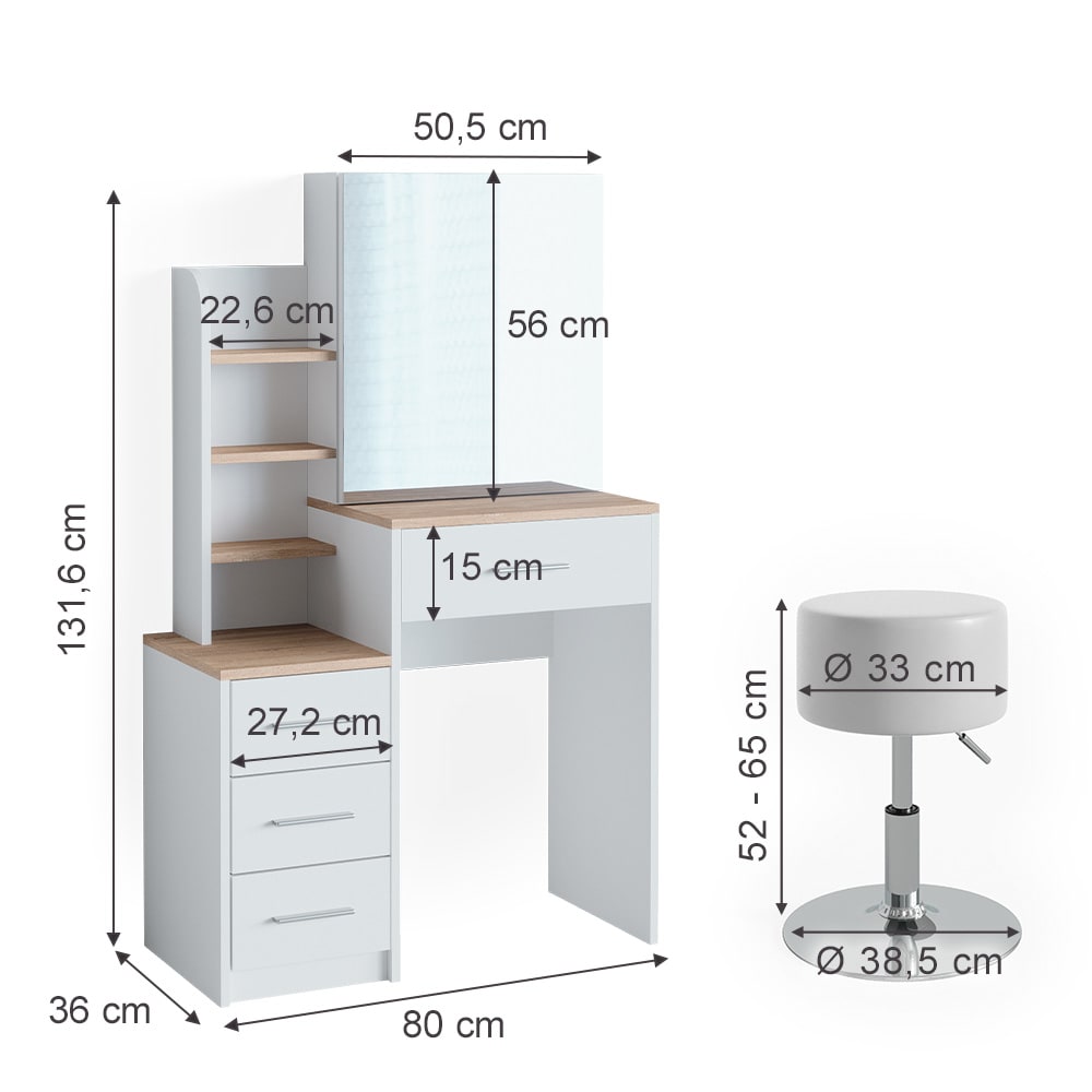Schminktisch mit Spiegel und Hocker Weiß/Sonoma 80x131.6cm -