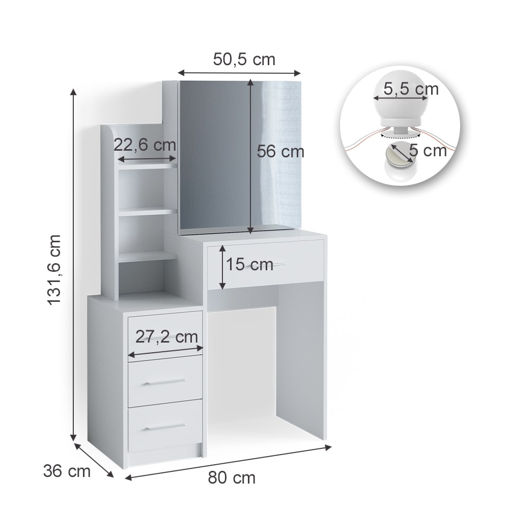 Schminktisch mit Spiegel und LED-Lichterkette Weiß 80x131.6cm -