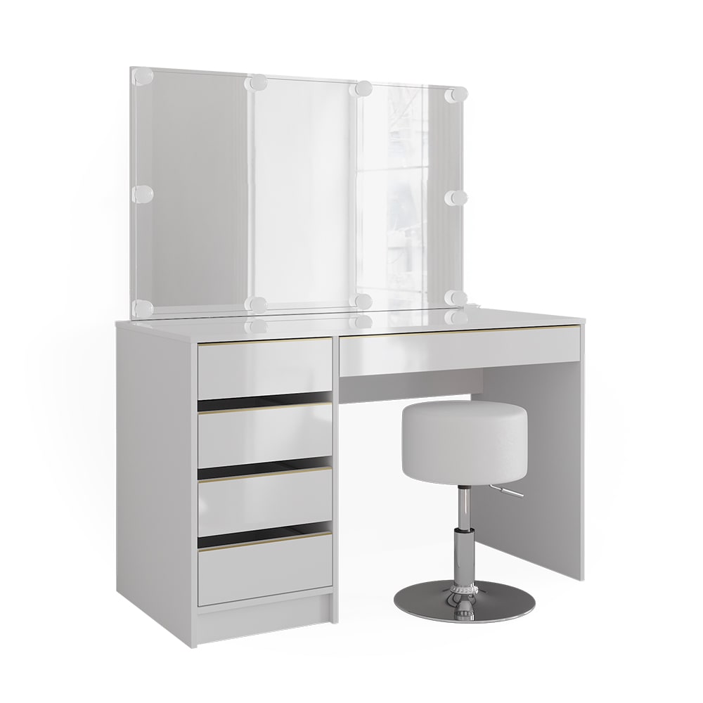 Coiffeuse avec miroir, guirlande led et tabouret blanc/or 120x145cm