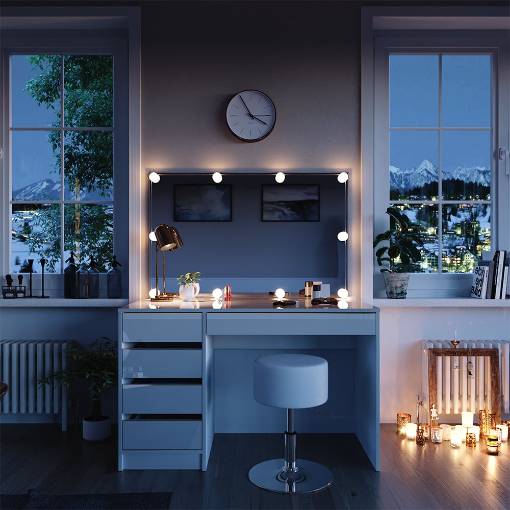 Schminktisch mit LED Beleuchtung und Hocker, Weiß/Gold 120 x 75cm