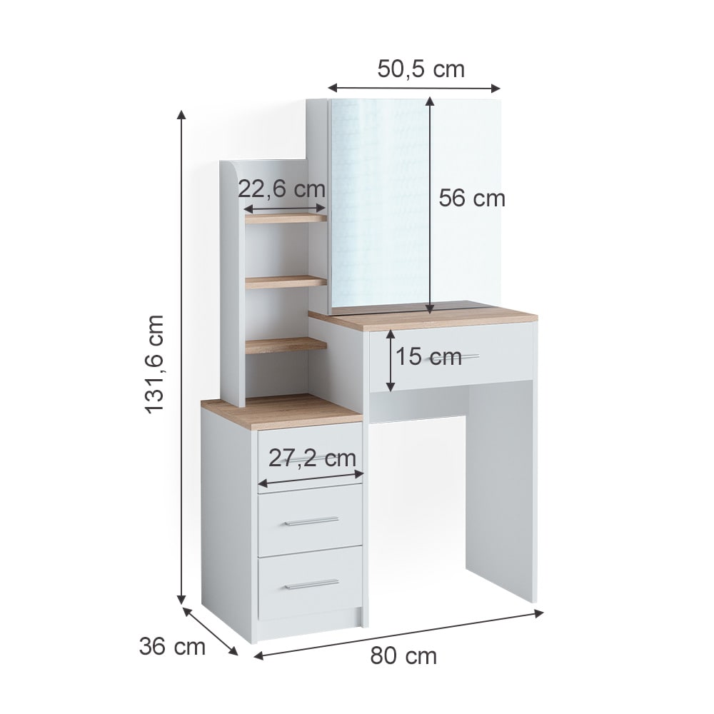 Schminktisch mit Spiegel Weiß/Sonoma 80x131.6cm - Maisons Du