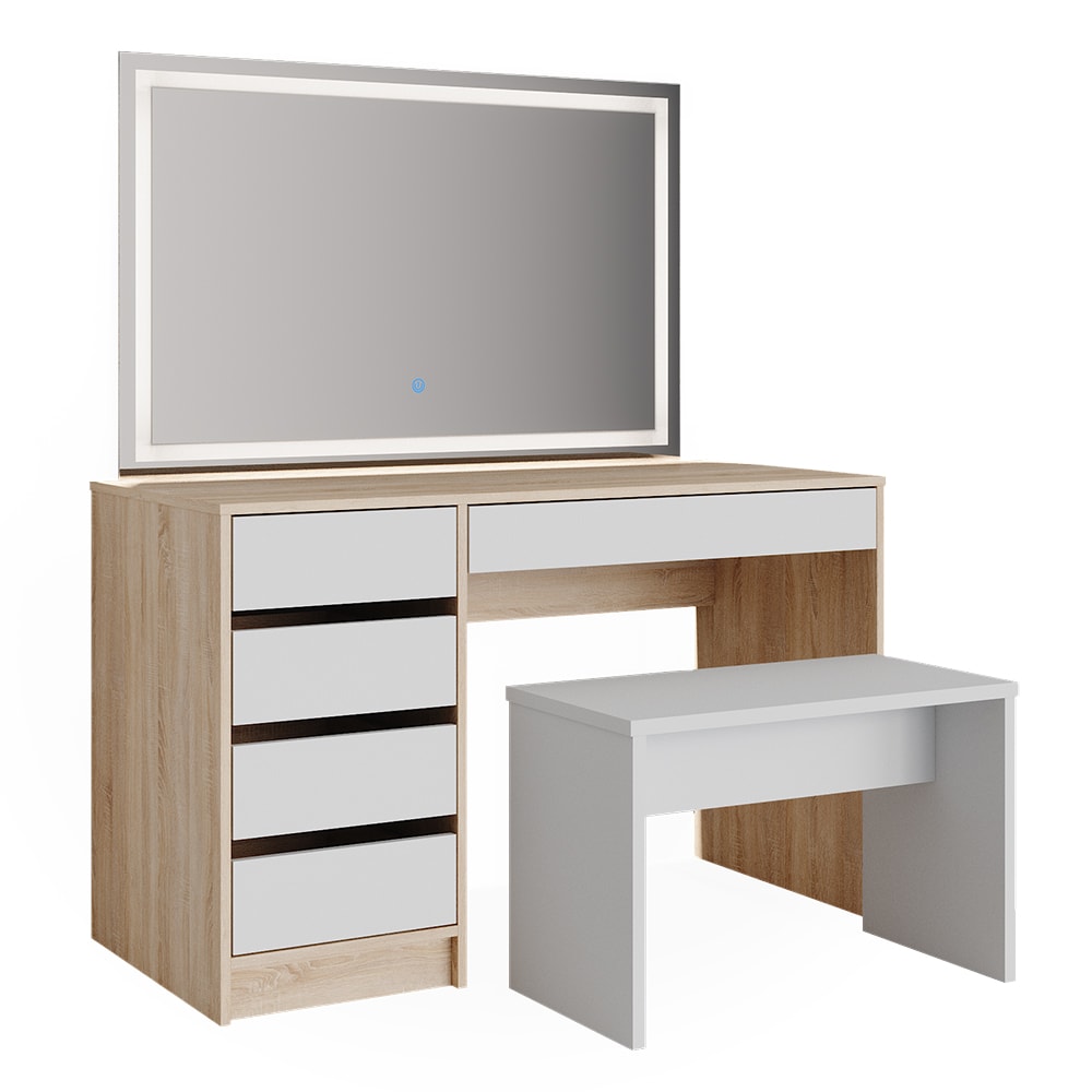Vicco Schminktisch mit LED-Spiegel und Bank Weiß/Sonoma 120x145cm style modern Weiß Spanplatte