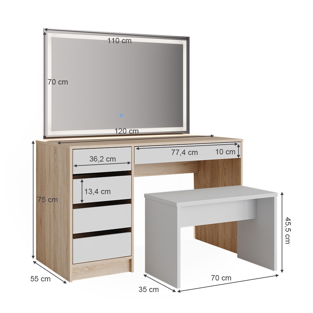 Schminktisch mit LED-Spiegel und Bank Weiß/Sonoma 120x145cm -
