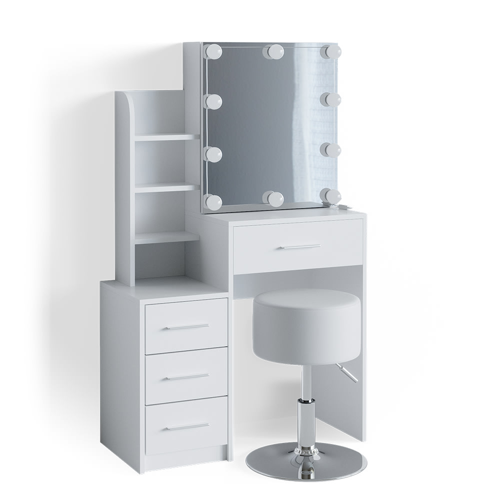 Coiffeuse avec miroir, guirlande led et tabouret blanc 80x131.6cm