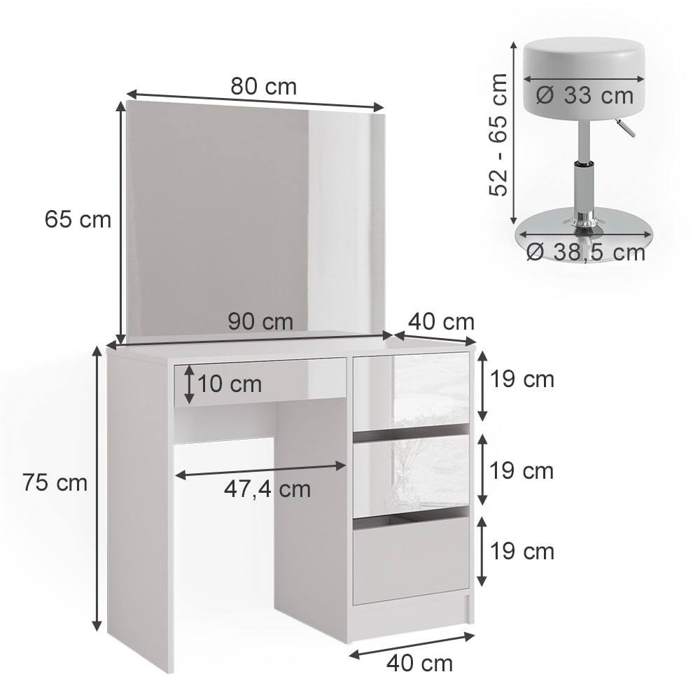 Schminktisch-Set mit Spiegel und Hocker Weiß 90x140cm - Maisons