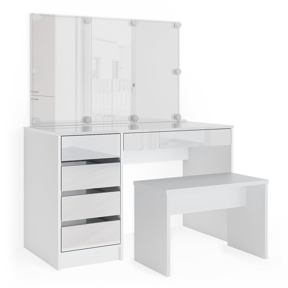 Vicco Coiffeuse avec miroir, guirlande led et banc blanc 120x145cm style contemporain Blanc Panneau De Particules - 120x145x55cm