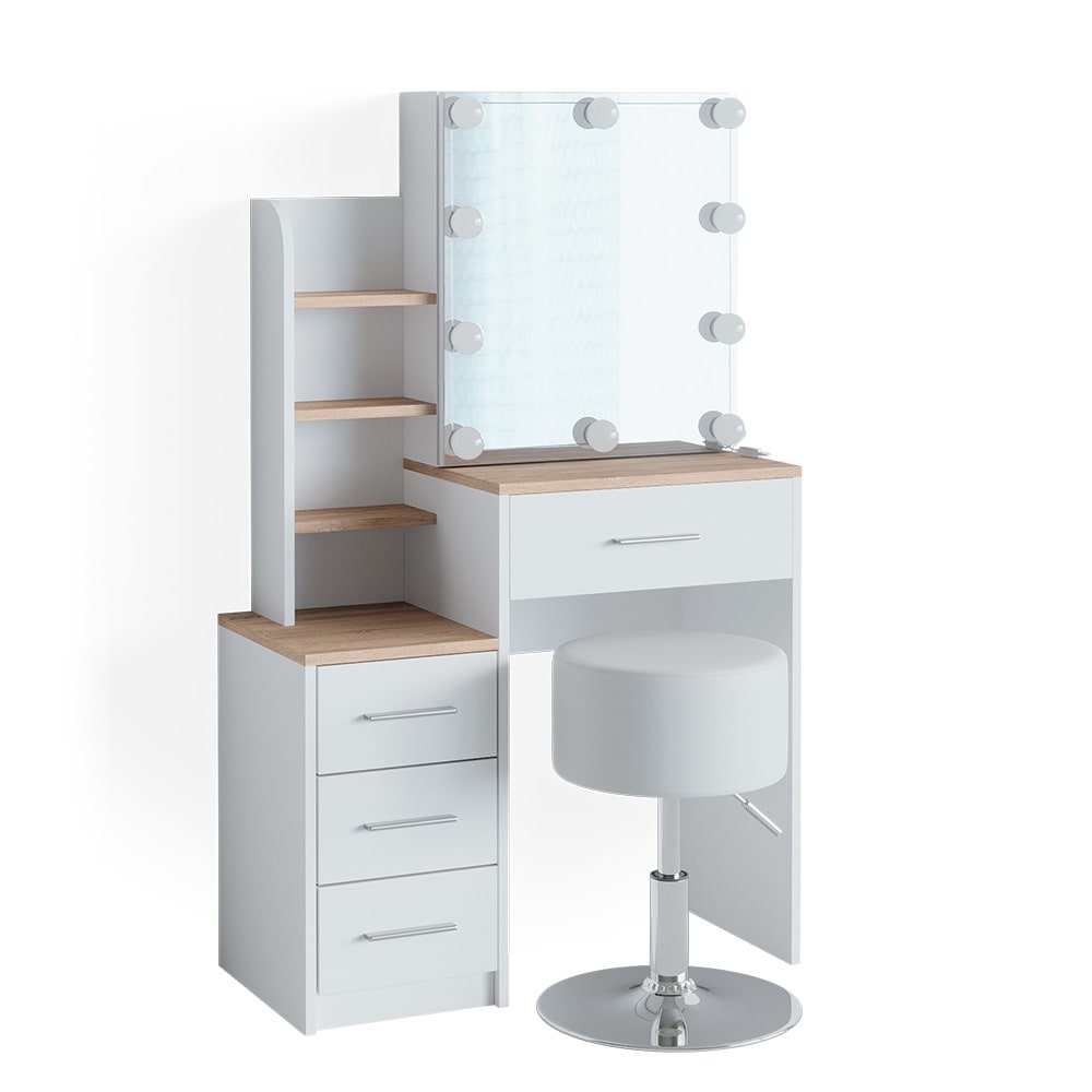 Vicco Schminktisch mit LED Beleuchtung und Hocker, Weiß/Sonoma 80 x 131.6cm style modern Weiß Spanplatte