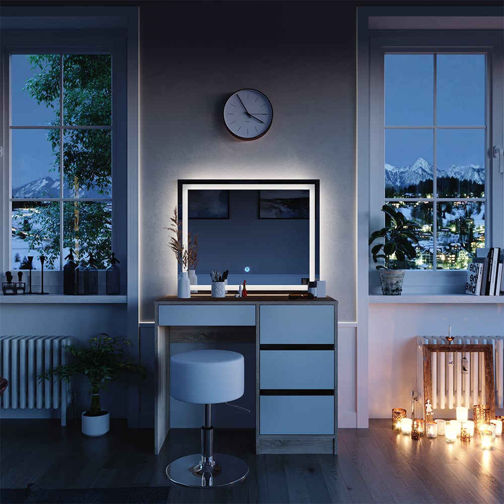 Schminktisch mit LED-Spiegel und Hocker, Sonoma 90 x 75cm -