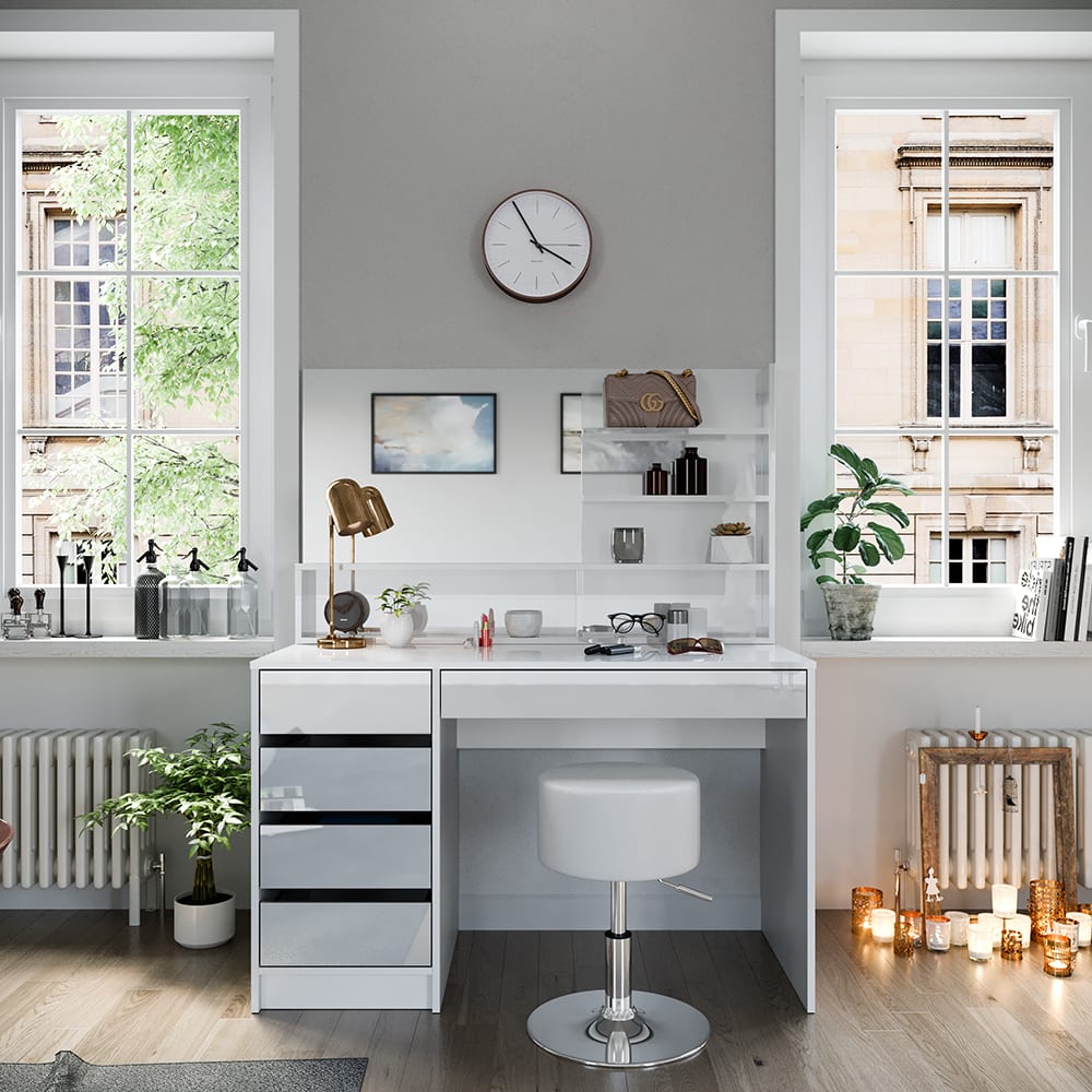 Coiffeuse avec étagère avec miroir et tabouret blanc 120x145cm - Maisons du Monde