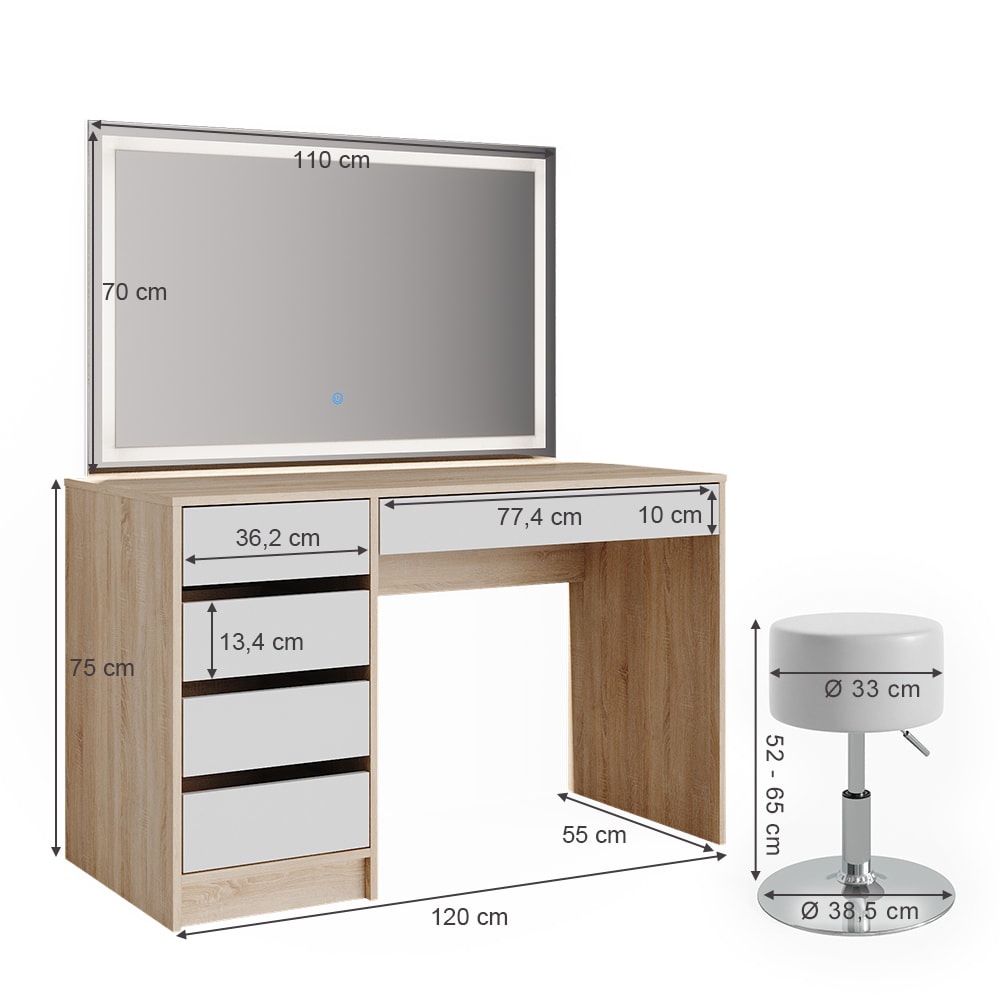 Schminktisch mit LED-Spiegel und Hocker Weiß/Sonoma 120x145cm -