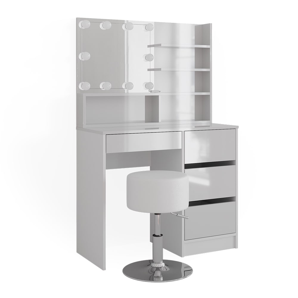 Vicco Schminktisch mit LED Beleuchtung, Hocker und Spiegelregal Weiß 90x140 style modern Weiß Spanplatte